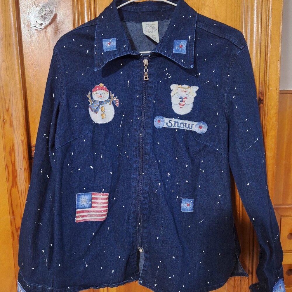 Embroidered festive denim Christmass-themed shirt American flags unique